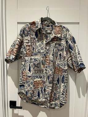 Vintage Straight Down Men's Hawaiian Shirt Large Cotton Nautical Fish Print Made